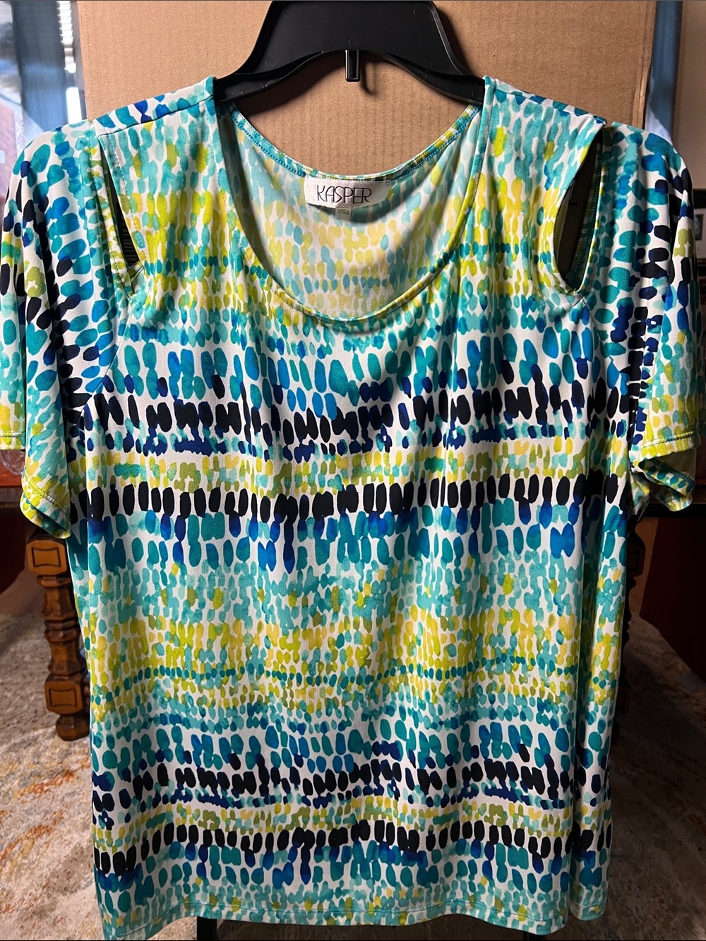 Kasper Teal Blue and Yellow Abstract Dot Short Sleeve Top